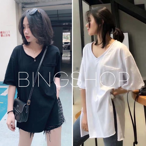 Áo thun tay lỡ form thụng cổ tim xẻ vạt có túi ngực vải cotton giấy cao cấp Bingshop