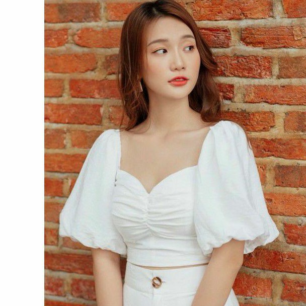 áo crop nhún ngực tay phồng kèm ảnh thật
