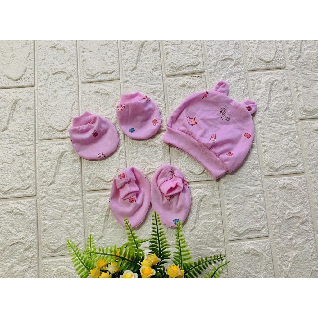 Set mũ bao tay chân in hình hoạ tiết đáng yêu cho bé 0-3 tháng