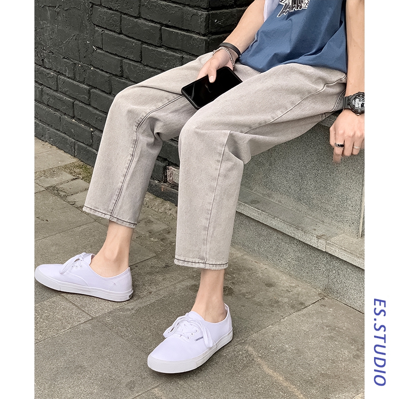 Quần Jeans Nam Ống Rộng Màu Xám Khói Phong Cách Retro