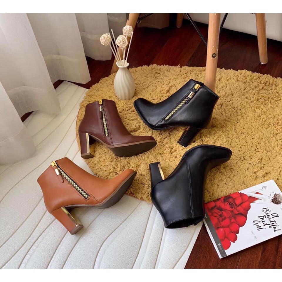 Giày Boots nữ cao cấp gót trụ mạ kim loại cao 8cm Màu đen| AShoes VNXK