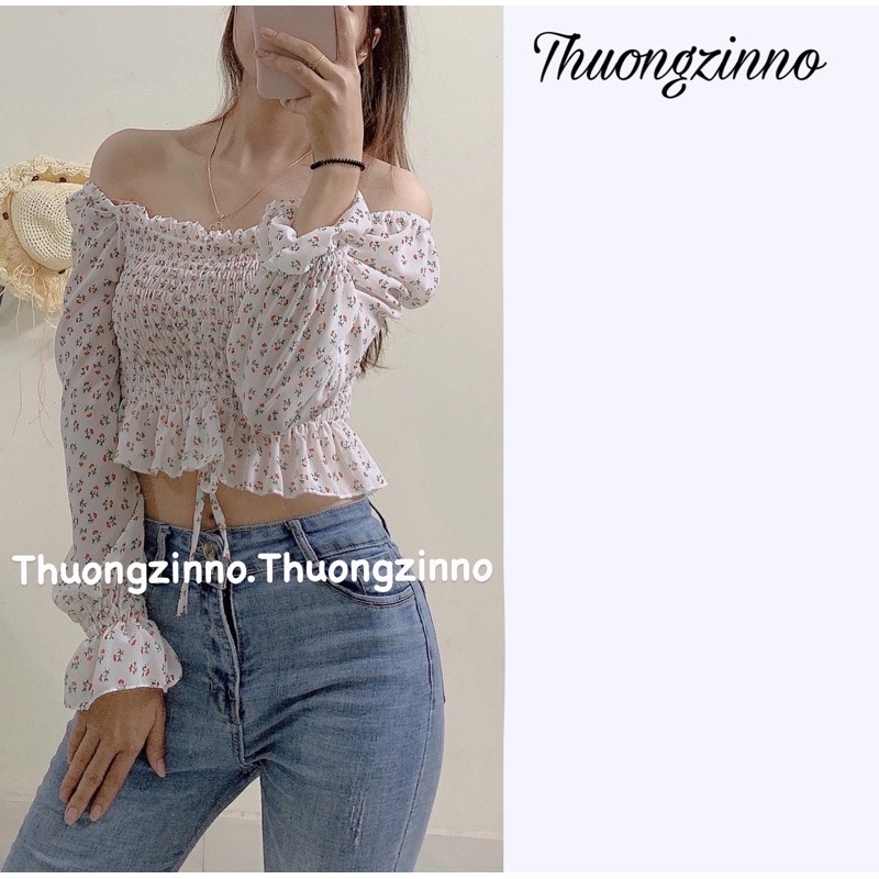 [Ảnh thật/Video]Áo croptop hoa nhí vintage thiết kế chun bồng tay dài Áo Croptop Trễ Vai Thời Trang