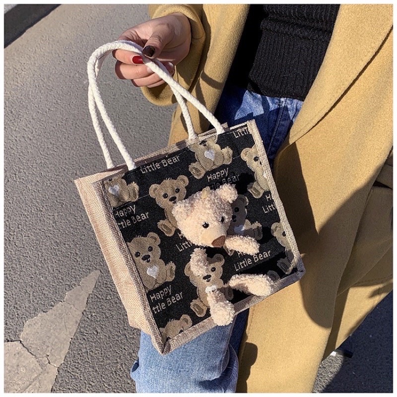 Túi cói kèm gấu bông Teddy Mini cực xinh