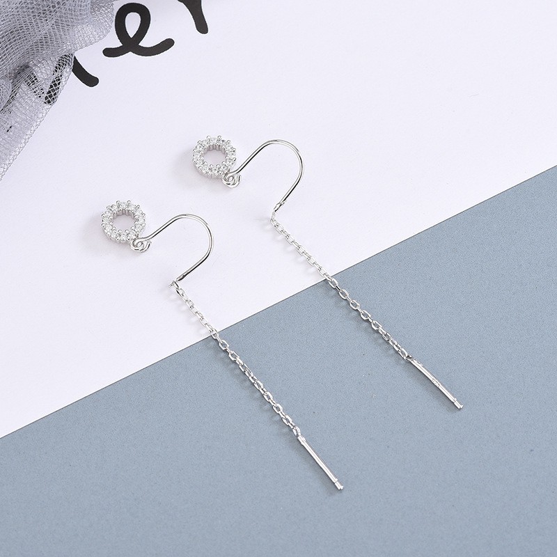 Bông Tai Bạc S925 Geometric Magic Round Đính Đá CZ Sợi Thả Không Chốt Xinh Xắn | Khuyên Tai Nữ Trang Sức Bạc Thời Trang