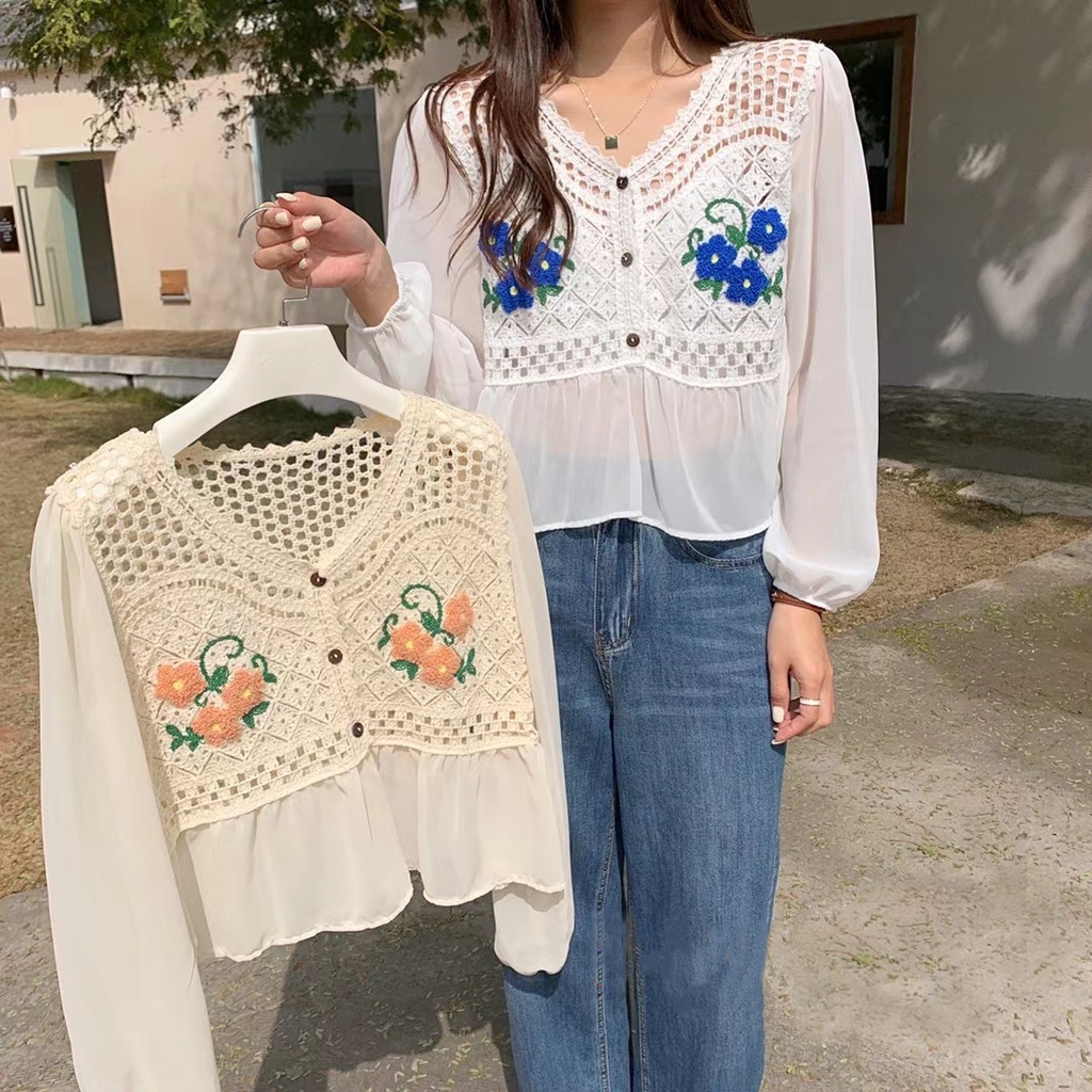 SUXI Áo Sơ Mi Nữ Tay Dài Thêu Hoa Phong Cách Hàn Quốc