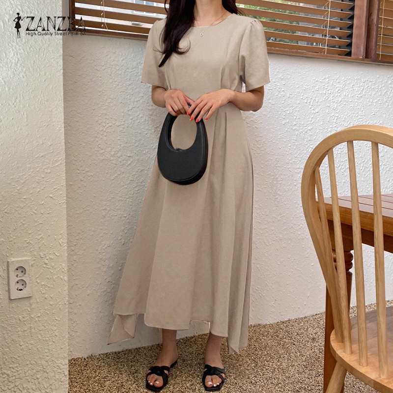 Đầm Chữ A Tay Ngắn Cổ Tròn Màu Trơn Phong Cách Hàn Quốc Thời Trang Cho Nữ