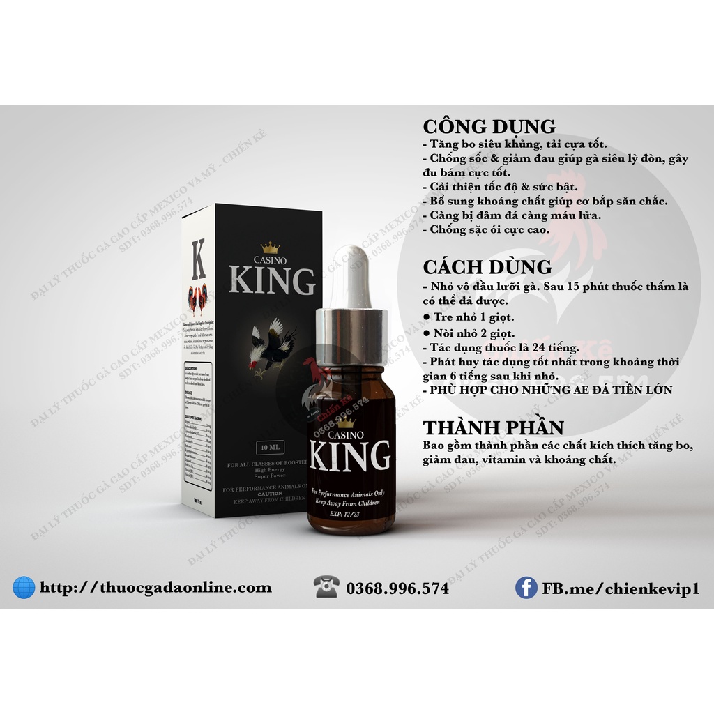 Thuốc gà đá CASIN0 K1NG - Chính hãng USA - Tăng bo, tải cựa, chống ói, lỳ đòn - Chiết lẻ 1cc