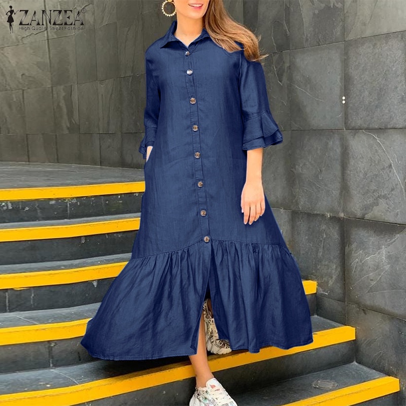 Đầm denim ZANZEA tay dài 3/4 có túi thời trang cho nữ