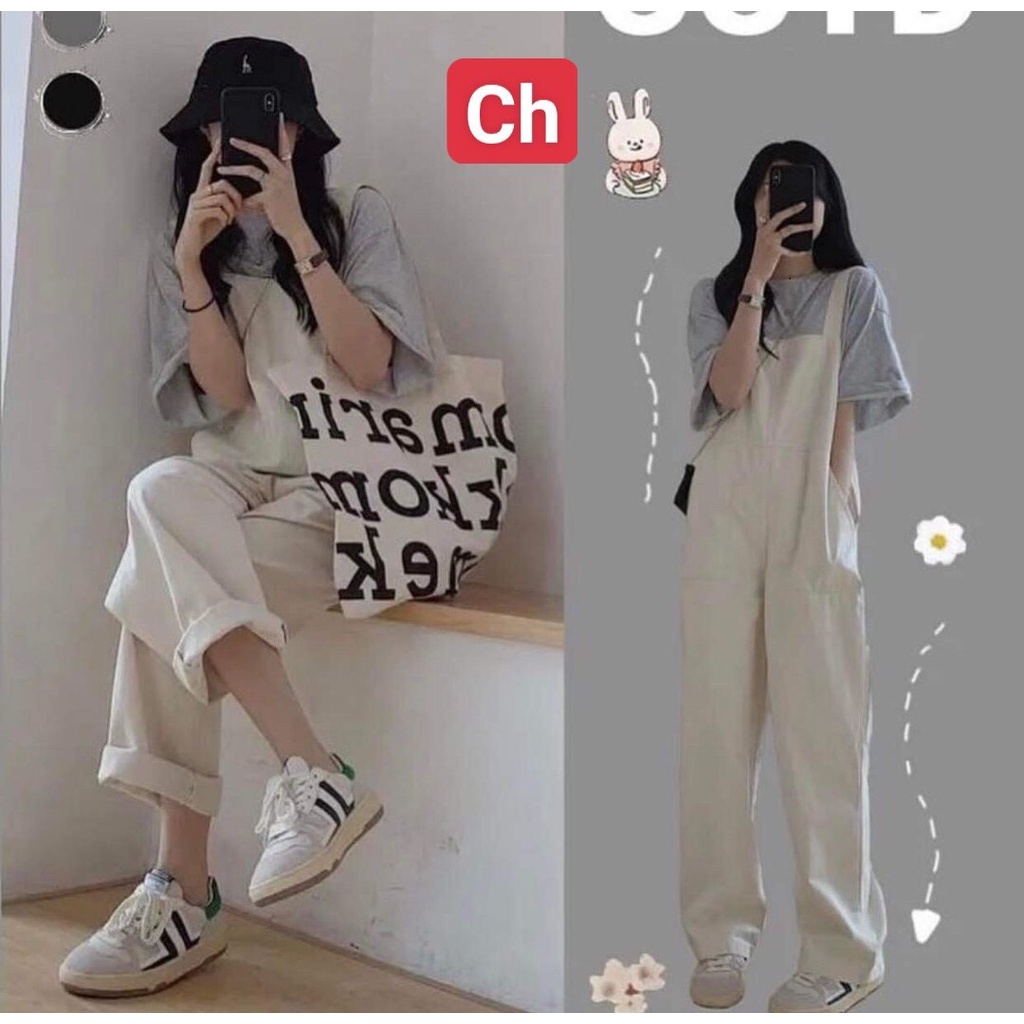 Set yếm kaki be kèm áo phông form thụng chất cotton su phù hợp cả nam và nữ