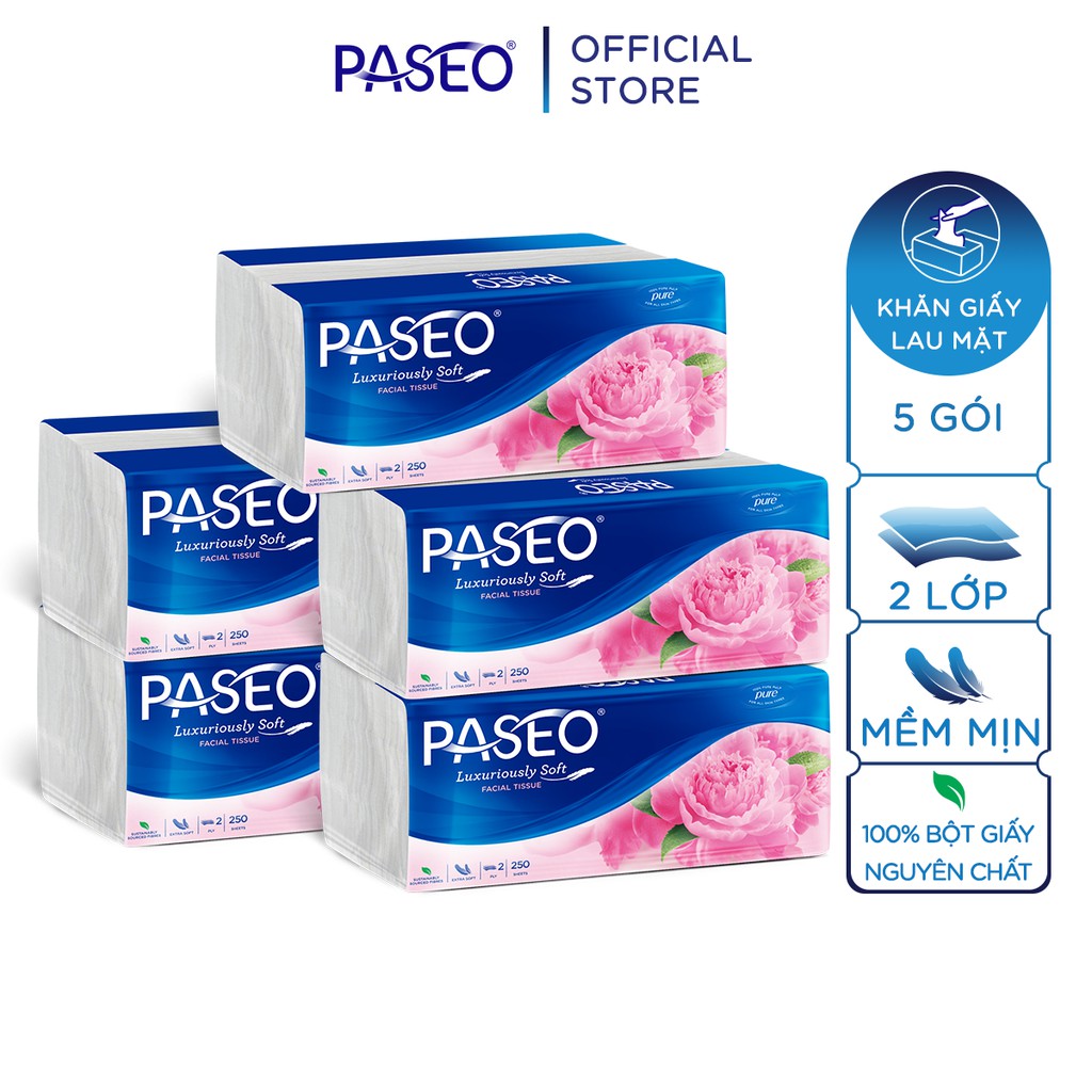 [Mã BMBAU50 giảm 7% đơn 150K] Combo 5 gói khăn giấy rút cao cấp Paseo dai, mềm mịn (250 tờ 2 lớp)/gói