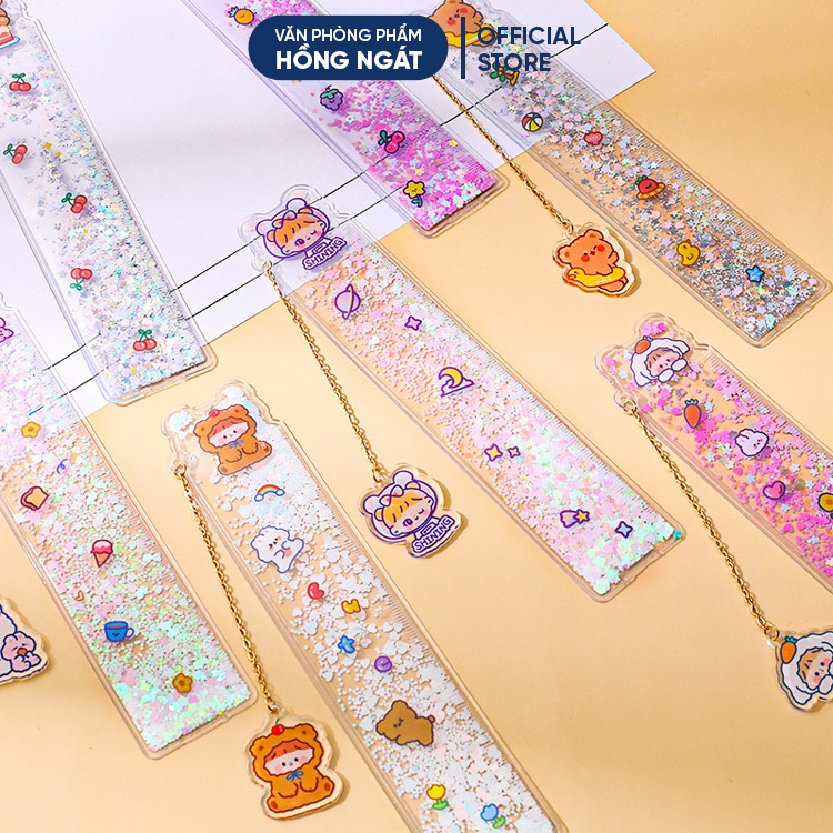 Thước kẻ cute kim tuyến, thước kẻ nhựa dẻo chiều dài 15cm cho học sinh đồ dùng học tập văn phòng phẩm TK02