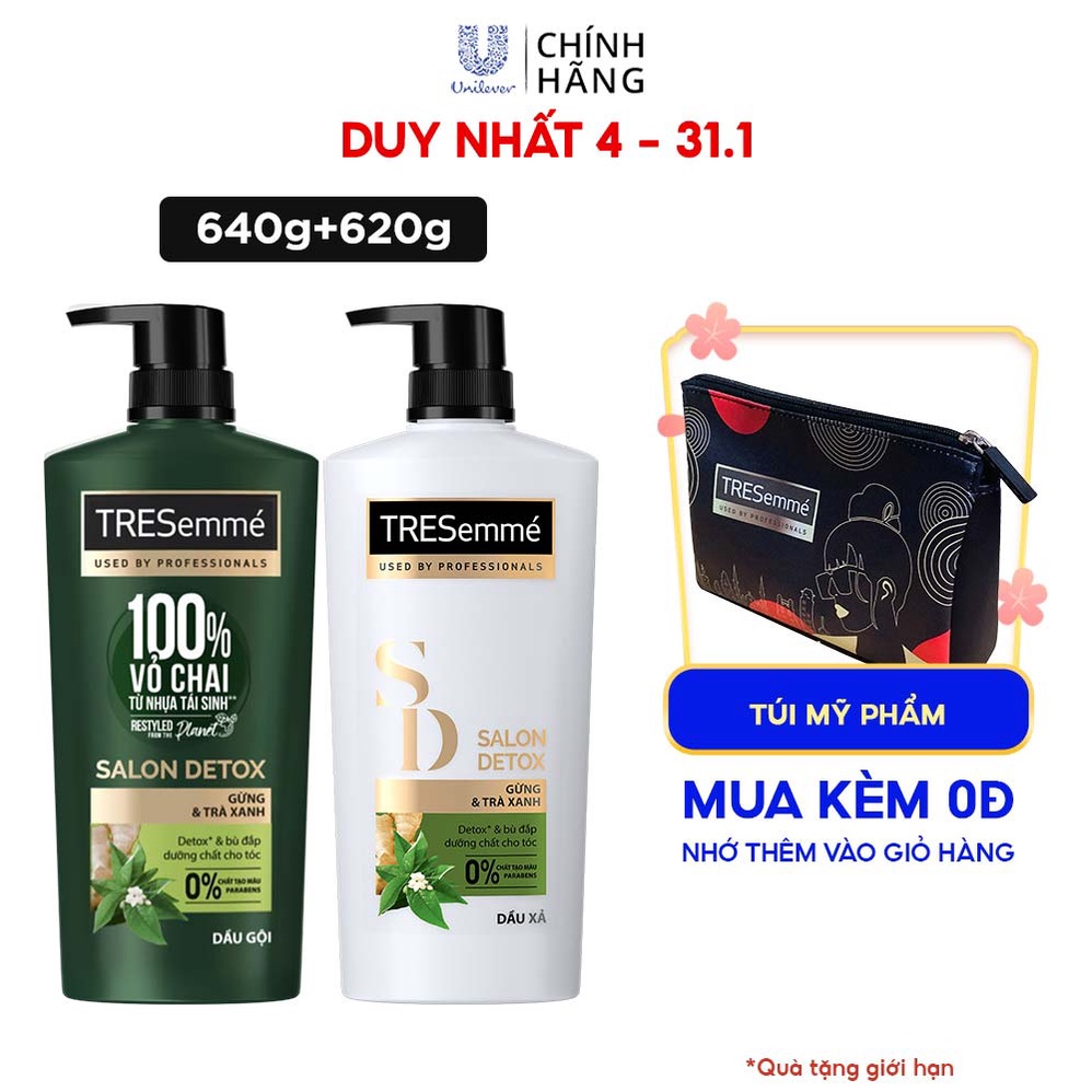 Combo Dầu Gội, Dầu Xả TRESEMME Salon Detox Cho tóc chắc khỏe &amp; sạch sâu cùng Gừng và Trà Xanh Detox 640g, 620g