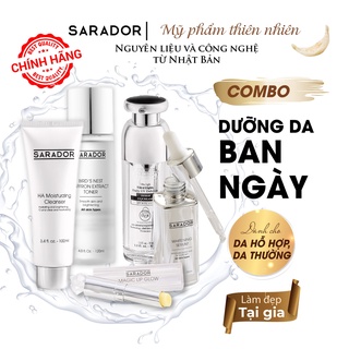 Combo dưỡng FULL Sarador sữa rửa mặt HA, Tone saffron, serum trắng da, kem chống nắng makeup, son dưỡng