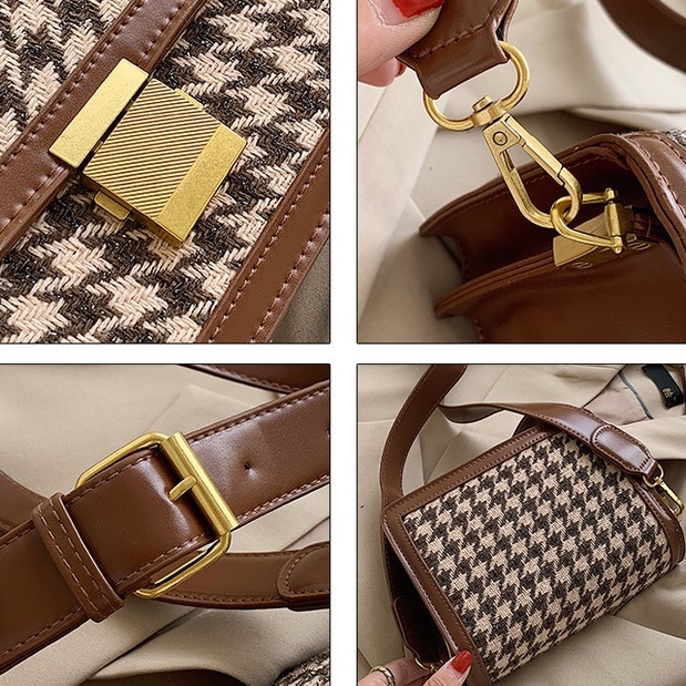 Túi xách nữ, Túi đeo chéo nữ da mềm dáng vuông phối vải vân ziczac đi chơi cao cấp PK 375