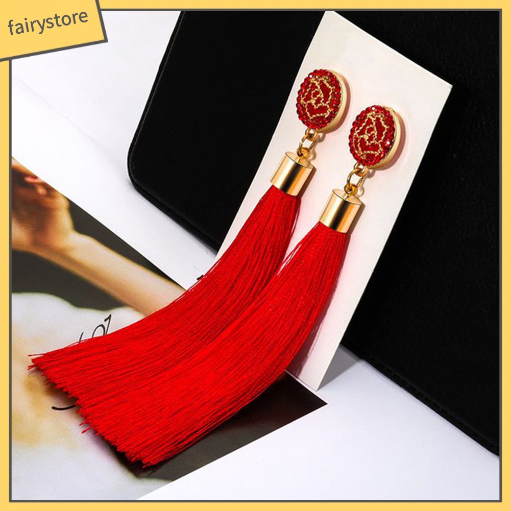 Khuyên Tai Dáng Dài Hình Hoa Hồng Phối Tua Rua Phong Cách Dân Tộc