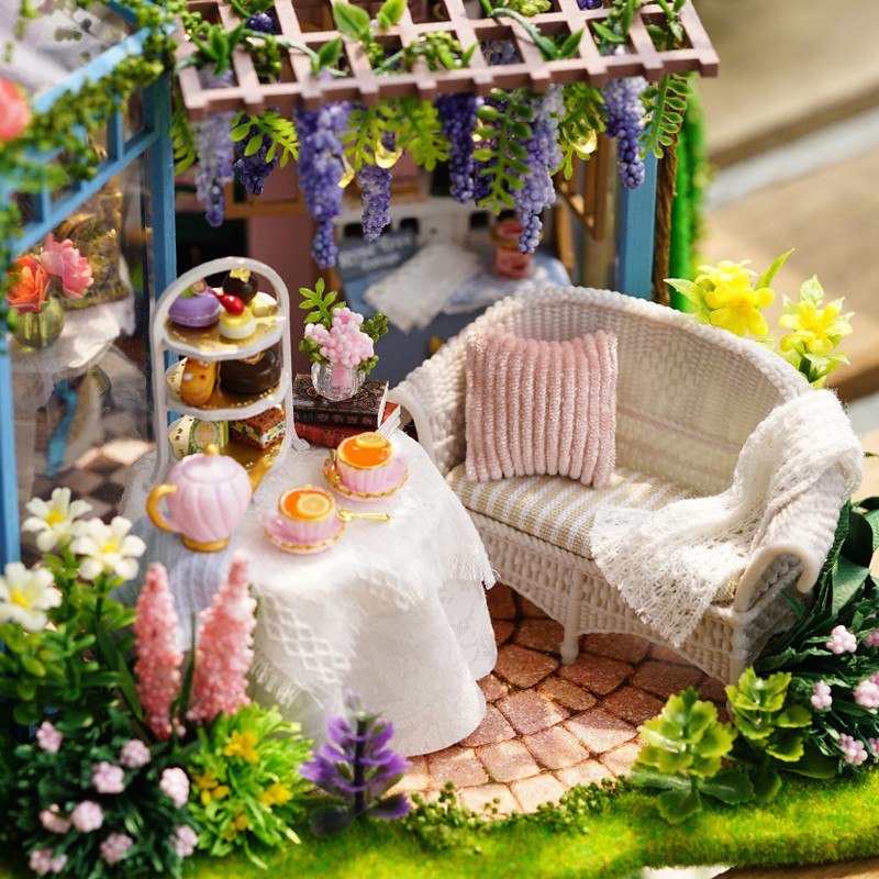 Mô hình nhà DIY Doll House Rose Garden Tea House Kèm Mica Chống bụi, Bộ dụng cụ, Keo dán và Bộ phát nhạc
