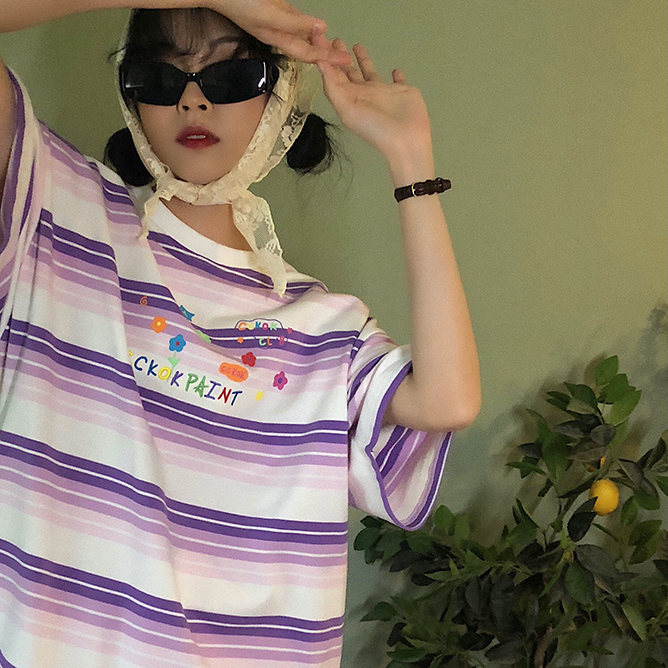 Áo Thun Nữ Ngắn Tay Họa Tiết Sọc Thêu Hình Thời Trang | BigBuy360 - bigbuy360.vn