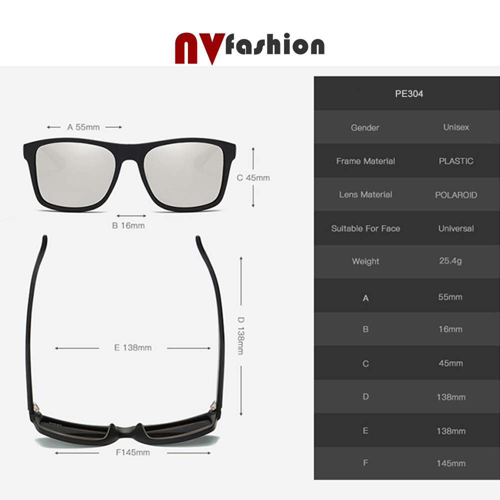 Kính mát thời trang nam nữ NVfashion PE304, gọng vuông tròng phân cực chống tia uv