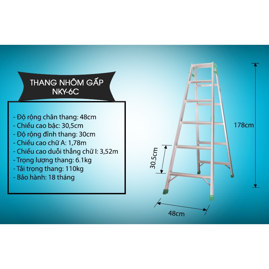 Thang nhôm gấp chữ A có thể dùng chữ I Nikawa NKY-6C - 6 bậc - nhập khẩu Nhật Bản - bảo hành 18 tháng