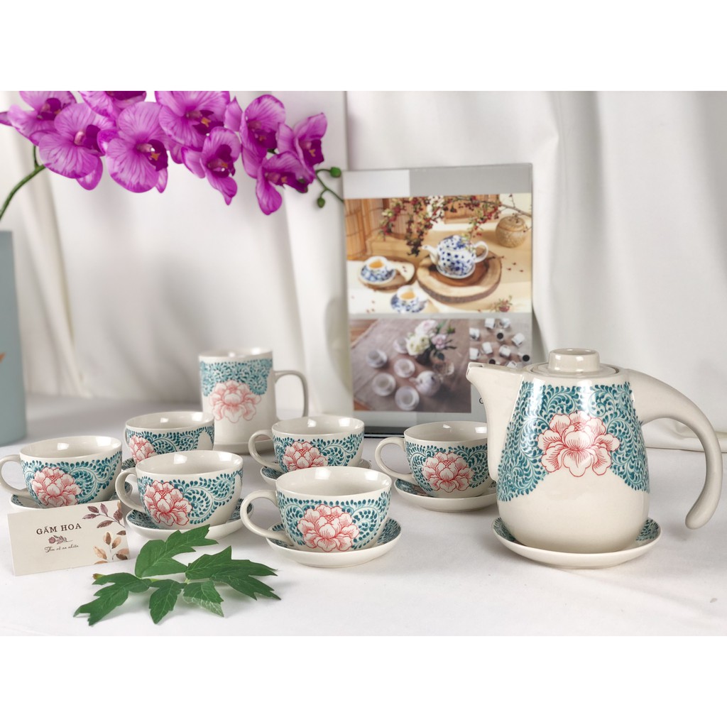 [GỐM NGHỆ NHÂN] Bộ ấm trà, ấm chén uống trà, ly, tách hoa Phù Dung dáng cao vẽ tay tinh sảo, quà tặng ý nghĩa