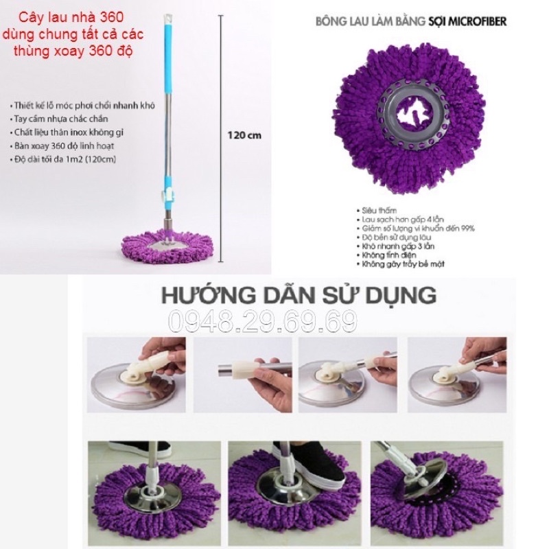 Cây Lau Nhà 360 Độ Mâm Inox Không Rỉ Chổi Lau Nhà Dài 1m2