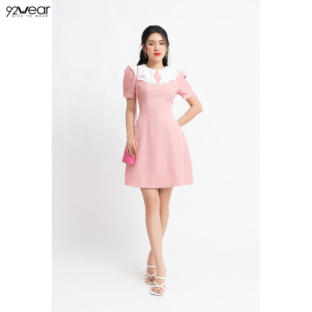 Đầm váy nữ công sở 92WEAR 3 MÀU, đủ size, dáng xòe ngắn tay cổ 2 lớp DEW0850