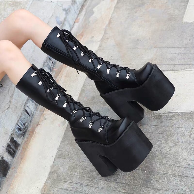 Boot chiến binh cosplay, giày da gothic đế dày, đế bánh mì khủng lolita platform