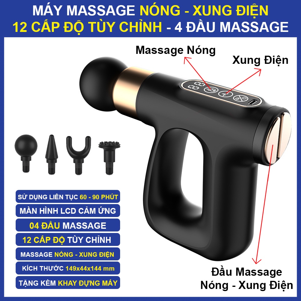 Máy massage cầm tay METAMO 4 đầu 12 cấp độ nóng xung điện trị đau nhức toàn thân hiệu quả, súng massage kèm 4 đầu mát xa