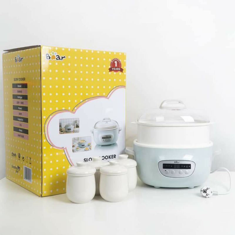 (BẢN QUỐC TẾ-BH 18 THÁNG) Nồi Bear 2l5, nồi nấu cháo chậm, nồi hầm đa năng full bộ 5 thố sứ kèm hấp