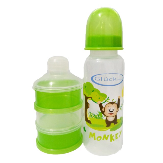 Combo bình sữa nhựa Pp 250ml + hộp chia sữa 3 ngăn gluck baby xanh lá