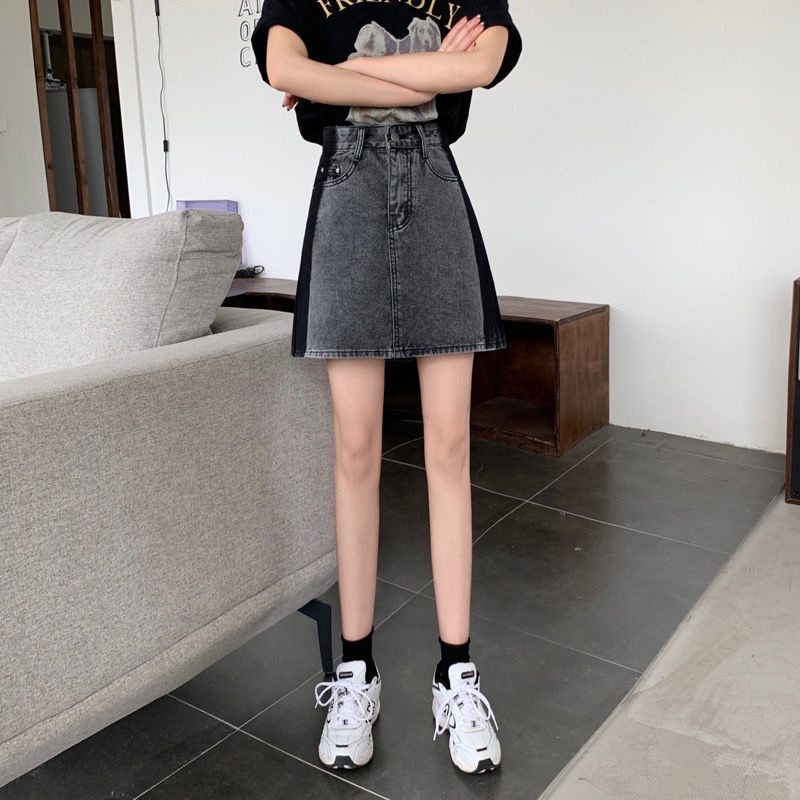 COZOK Chân váy jean Lưng Cao Dáng Rộng Phối Màu Tương Phản Cá Tính