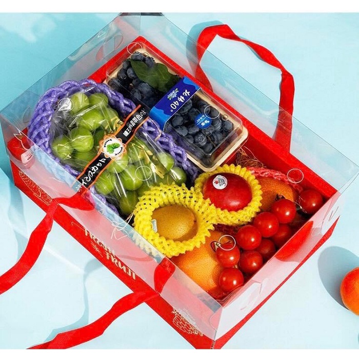 Hộp để trái cây/quà tặng màu đỏ nắp mica/mặt kiếng có quai xách kt 36x28x16,5cm/hộp