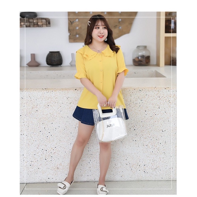 Áo sơ mi kiểu màu vàng cổ bèo big size size lớn 85-115kg