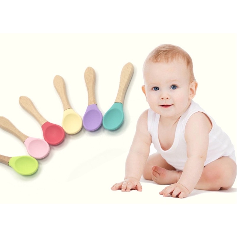 Thìa Cho Bé Ăn Dặm Silicon Cán Gỗ Bền Đẹp Kích Thích Bé Ăn Ngon