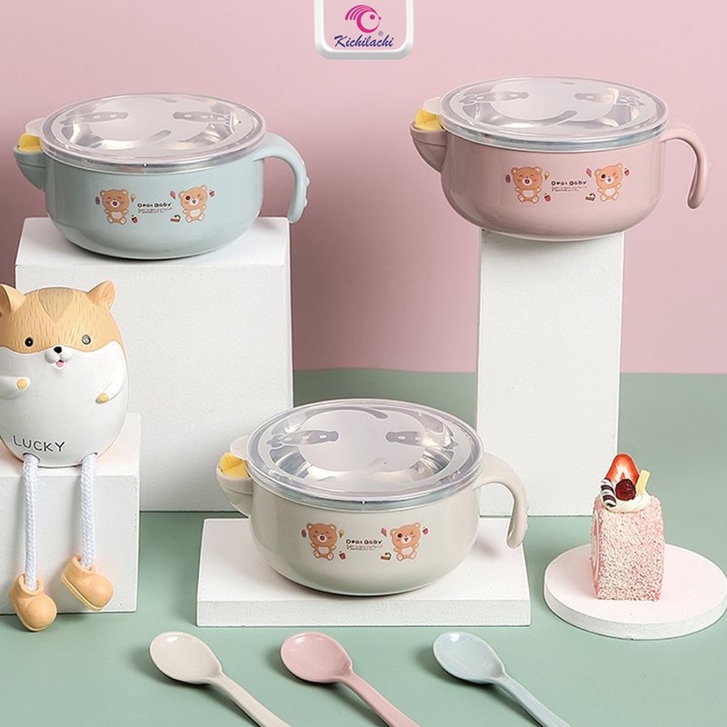 Bát Ăn Dặm M7739 Giữ Nhiệt Kichilachi, Bát Inox 2 Lớp Chống Nóng Cho Bé