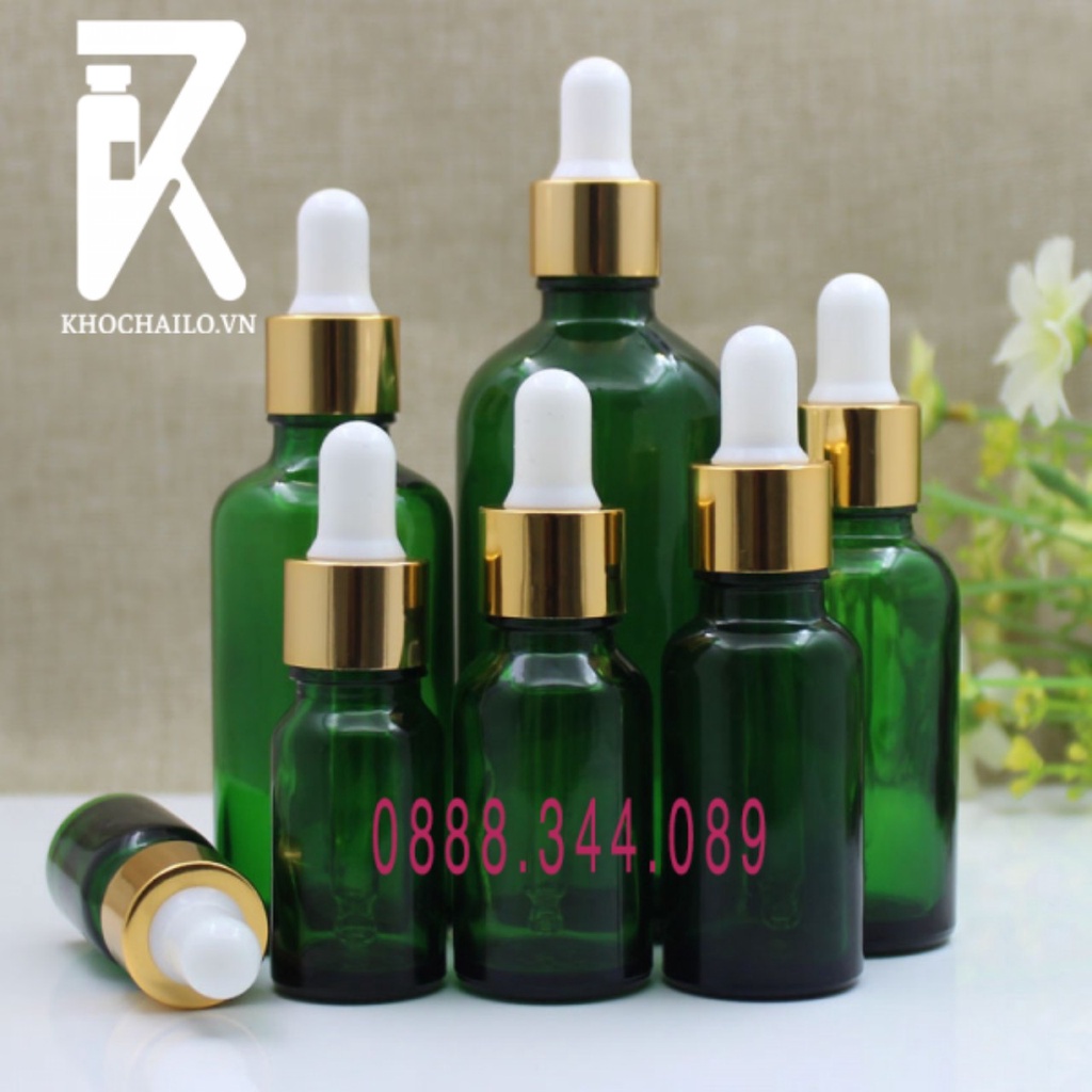 Chai thủy tinh,tinh dầu,serum xanh lá khoen vàng,khoen quai xách ống thủy tinh bóp trắng đen 10ml,20ml