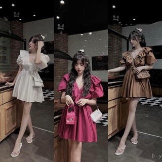 Váy Babydoll Ms.1127 Váy Thiết Kế Cổ V Khoét Sâu, Lưng Buộc Nơ, Xếp Bèo Vai, Chất Thô Sịn, Hàng Loại 1,Kèm Hình Thật