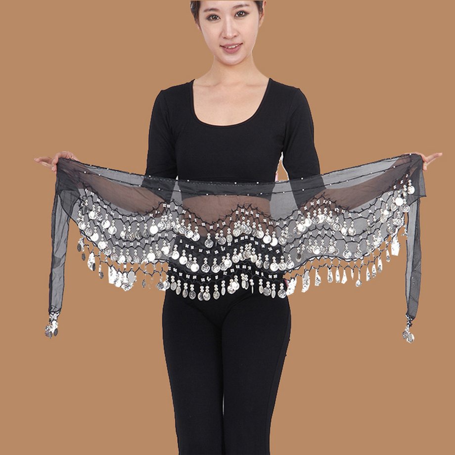 3 Rows 128 Gold Coins Belly Dance Costume Hip Scarf Skirt Belt Wrap Waist