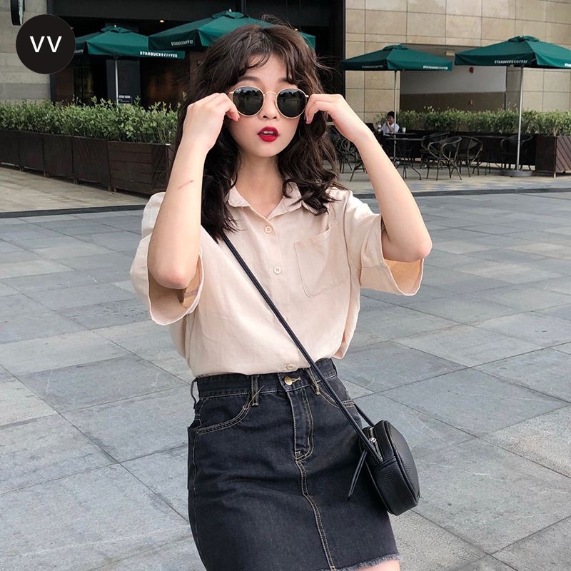 VVvn Áo Sơ Mi Ngắn Tay Màu Trơn Phối Túi Đơn Giản Dễ Phối Đồ