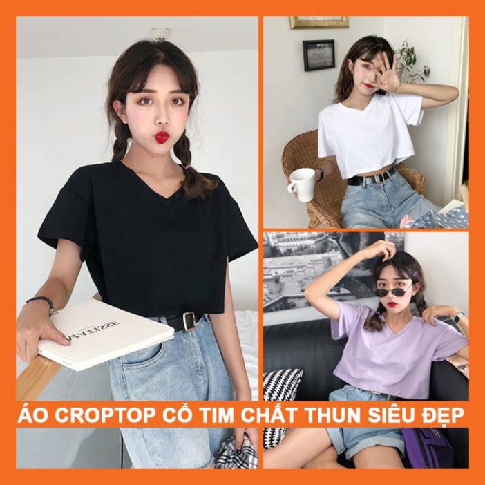 Áo croptop nữ tay ngắn cổ tim form rộng,  Croptop cổ chữ V dáng buông phong cách Hàn Quốc