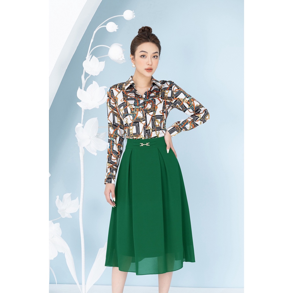 LALULILL - Chân váy dáng A khuyên eo chiffon xanh lá