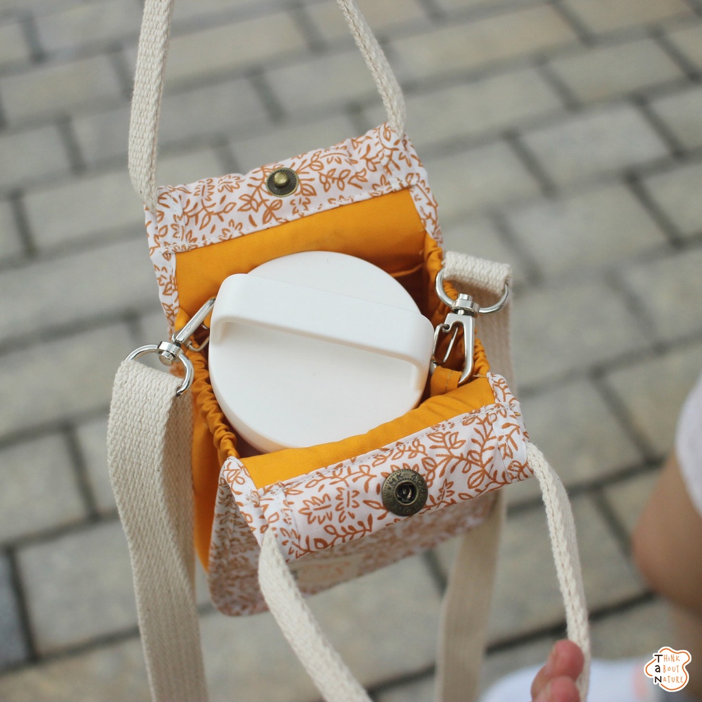 MINI - Túi vải đeo chéo họa tiết cành lá cam/Túi vải đựng bình nước nhỏ/ TaNcupholder