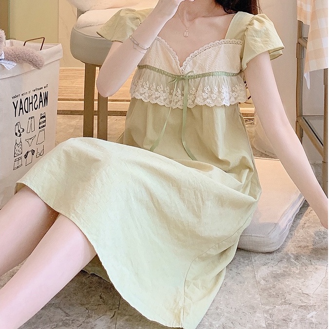 (SẴN) Váy xuông chữ A mặc nhà nữ thắt dây xanh bơ quảng châu