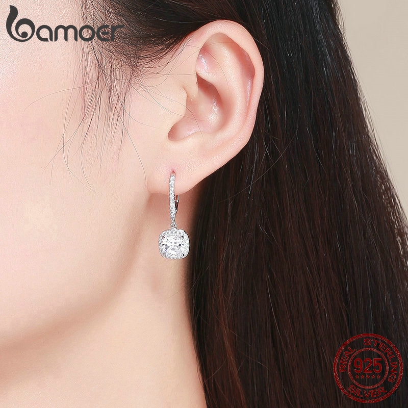 Khuyên tai Bamoer Bạc 925 đính đá zircon hình vuông thời trang cho nữ
