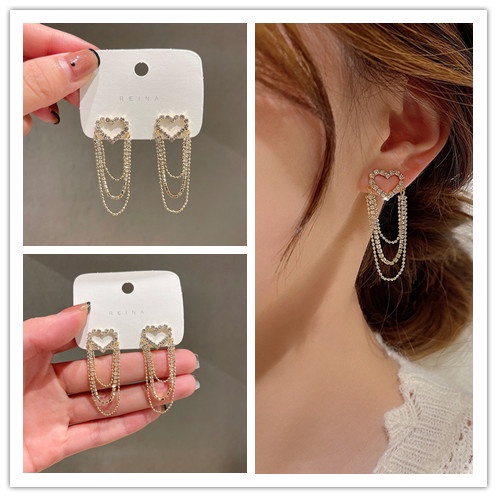 Đôi Bông Tai Dáng Dài Hình Trái Tim Đính Đá Thời Trang Cho Nữ