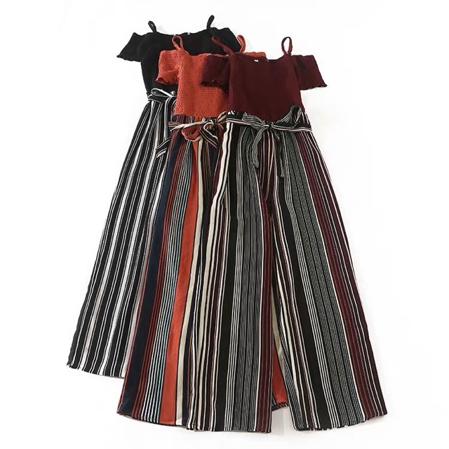 Jumpsuit trễ vai sọc xuất xịn