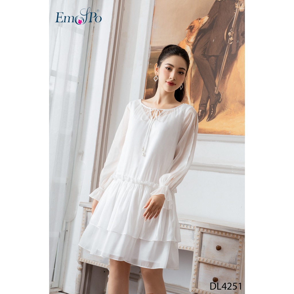 Đầm cổ tim Emspo thắt nơ cổ, bèo tầng chân váy DL4251