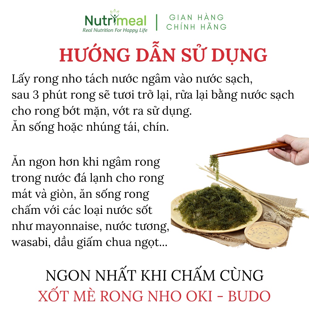 Rong Nho Tách Nước Nhật Bản OKI-BUDO - Gói 25gr &amp; 65gr (Tặng Gói Xốt Mè 15ml Cho Mỗi Gói Rong Nho)