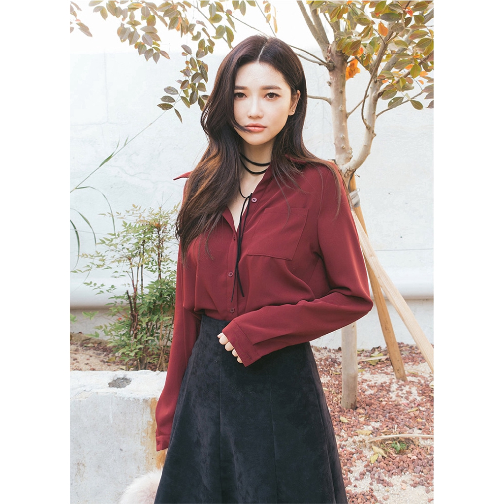 Thời Trang Nữ Áo,Phiên bản Hàn Quốc của áo sơ mi voan dài tay màu rắn,Polyester,Kích Thước S-2XL【lyfs】
