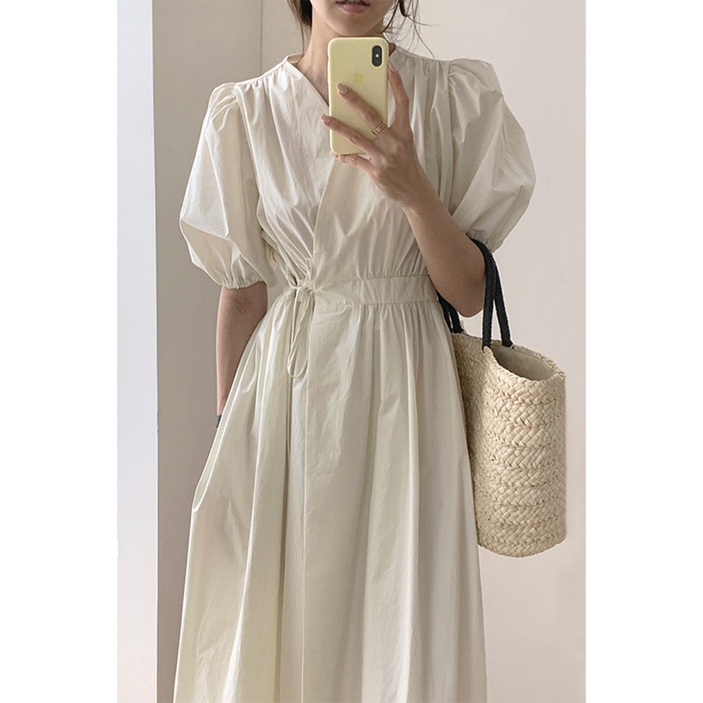 Váy tay phồng cổ V eo thắt dây đơn giản nhẹ nhàng vintage Hàn Quốc nhiều màu